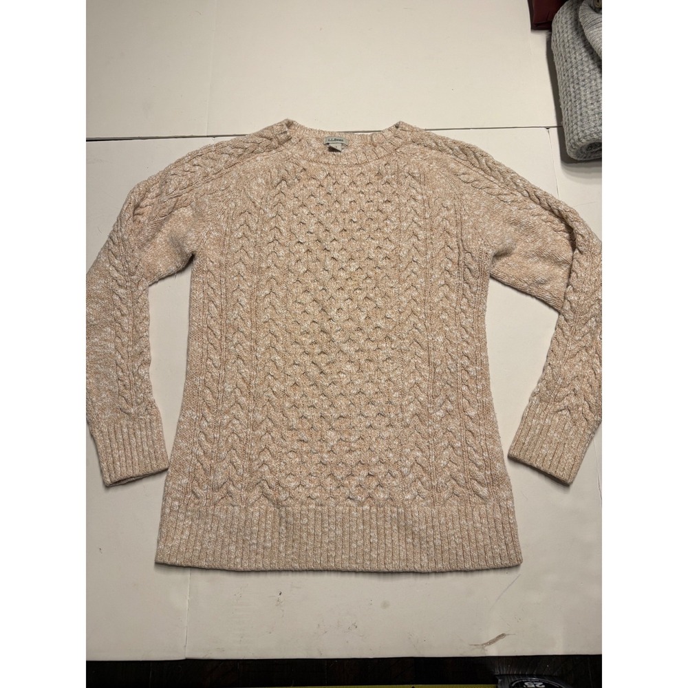 LL Bean Womens Beige Cable Knit Cotton Sweater Size M 510719 Crew Neck Pullover